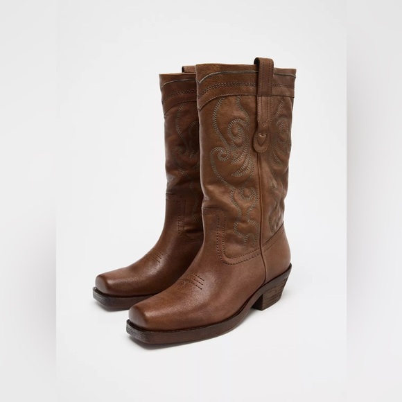 Zara embroidered leather square toe cowboy western boots sz.8 - Picture 4 of 14